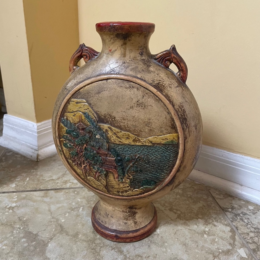 Vintage Japanese Vase Landscape Pottery Home Decor Accent Made In Japan